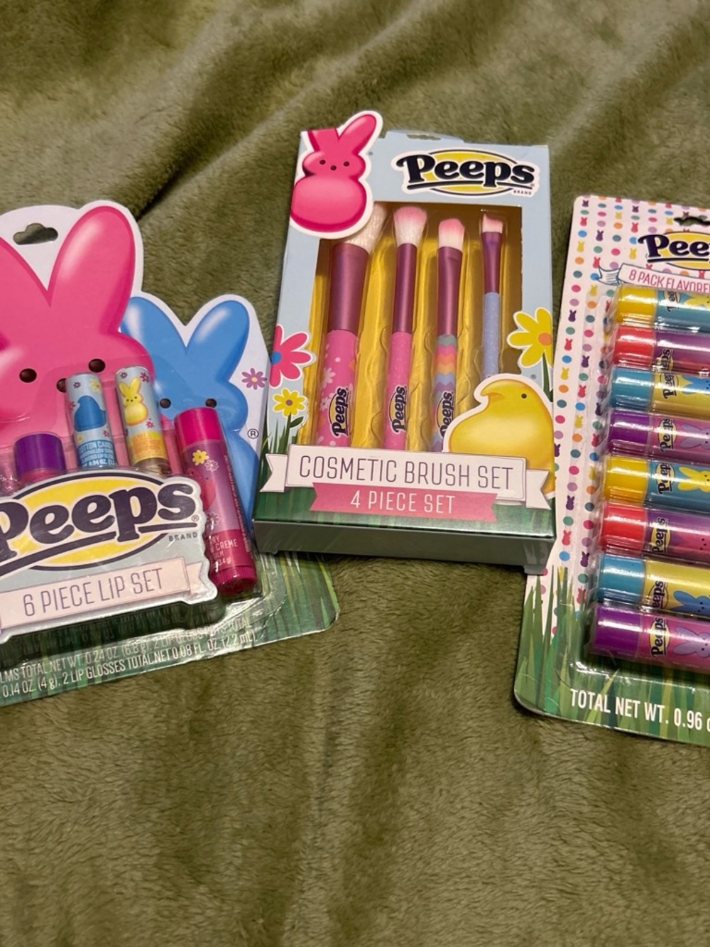 Peeps Pink 4-Piece Cosmetic Brush Set with lips set and chap stick